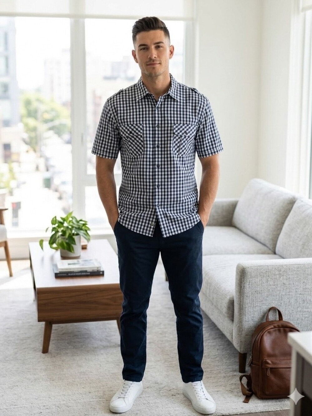 Marquise Navy and White Gingham Short-Sleeve Shirt